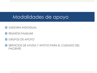 Modalidades de apoyo

 ASESORIA INDIVIDUAL

 REUNIÓN FAMILIAR

 GRUPOS DE APOYO

 SERVICIOS DE AYUDA Y APOYO PARA EL CUIDADO DEL
  PACIENTE
 