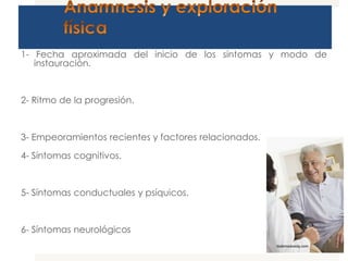 1- Fecha aproximada del inicio de los síntomas y modo de
   instauración.



2- Ritmo de la progresión.



3- Empeoramientos recientes y factores relacionados.

4- Síntomas cognitivos.



5- Síntomas conductuales y psíquicos.



6- Síntomas neurológicos
 