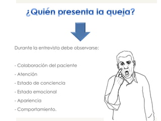 Durante la entrevista debe observarse:


- Colaboración del paciente
- Atención
- Estado de conciencia
- Estado emocional
- Apariencia
- Comportamiento.
 