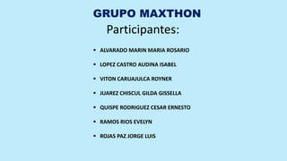 GRUPO MAXTHON
 ALVARADO MARIN MARIA ROSARIO
 LOPEZ CASTRO AUDINA ISABEL
 VITON CARUAJULCA ROYNER
 JUAREZ CHISCUL GILDA GISSELLA
 QUISPE RODRIGUEZ CESAR ERNESTO
 RAMOS RIOS EVELYN
 ROJAS PAZ JORGE LUIS
Participantes:
 