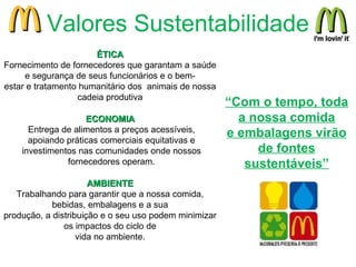 Valores Sustentabilidade
                      ÉTICA
Fornecimento de fornecedores que garantam a saúde
     e segurança de seus funcionários e o bem-
estar e tratamento humanitário dos animais de nossa
                  cadeia produtiva
                                                       “Com o tempo, toda
                    ECONOMIA                             a nossa comida
      Entrega de alimentos a preços acessíveis,
      apoiando práticas comerciais equitativas e
                                                       e embalagens virão
    investimentos nas comunidades onde nossos               de fontes
               fornecedores operam.                       sustentáveis”
                      AMBIENTE
   Trabalhando para garantir que a nossa comida,
            bebidas, embalagens e a sua
produção, a distribuição e o seu uso podem minimizar
               os impactos do ciclo de
                   vida no ambiente.
 