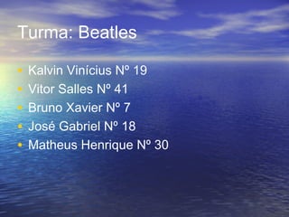 Turma: Beatles
• Kalvin Vinícius Nº 19
• Vitor Salles Nº 41
• Bruno Xavier Nº 7
• José Gabriel Nº 18
• Matheus Henrique Nº 30
 