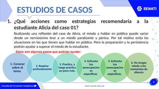 3
www.senati.edu.pe
ESTUDIOS DE CASOS
1. ¿Qué acciones como estrategias recomendaría a la
estudiante Alicia del caso 01?
1. Conocer
sobre el
tema.
2. Respirar
profundamente
3. Practica, y
luego practica
un poco más.
4. Enfrenta
tus
preocupacion
es
específicas.
5. Enfrenta
tus
preocupacion
es
específicas.
6. No tengas
miedo a los
momentos de
silencio
Estos son algunos pasos que podrían ayudar:
Realizando una reflexión del caso de Alicia, el miedo a hablar en público puede variar
desde un nerviosismo leve a un miedo paralizante y pánico. Por tal motivo evita las
situaciones en las que tienen que hablar en público. Pero la preparación y la persistencia
podrán ayudar a superar el miedo de la estudiante.
 