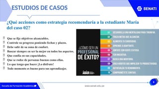 6
www.senati.edu.pe
ESTUDIOS DE CASOS
¿Qué acciones como estrategia recomendaría a la estudiante María
del caso 02?
 Que se fije objetivos alcanzables.
 Controle su progreso poniendo fechas y plazos.
 Debe salir de su zona de confort.
 Buscar siempre en ser la mejor en todos los aspectos.
 Que confía en sus capacidades.
 Que se rodee de personas buenas como ellas.
 Lo que tenga que hacer ¡Lo disfrute!
 Todo momento es bueno para sus aprendizajes.
 