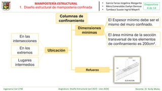 Ingeniería Civil UTM Asignatura: Diseño Estructural (oct 2023 – ene 2024) Docente: Dr. Yordy Mieles
Diapositiva:
4 de 14
MAMPOSTERÍA ESTRUCTURAL • García Farias Jorgelina Margarita
• Mera Esmeraldas Evelyn Denisse
• Tumbaco Suaste Ingrid Mayerli
Columnas de
confinamiento El Espesor mínimo debe ser el
mismo del muro confinado.
En los
extremos
Dimensiones
mínimas
Ubicación
Refuerzo
El área mínima de la sección
transversal de los elementos
de confinamiento es 200cm².
En las
intersecciones
Lugares
intermedios
1. Diseño estructural de mampostería confinada
 