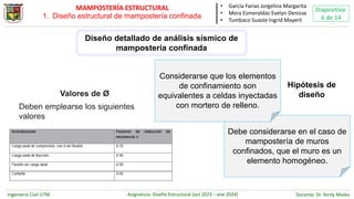 Ingeniería Civil UTM Asignatura: Diseño Estructural (oct 2023 – ene 2024) Docente: Dr. Yordy Mieles
Diapositiva:
6 de 14
MAMPOSTERÍA ESTRUCTURAL
Diseño detallado de análisis sísmico de
mampostería confinada
Debe considerarse en el caso de
mampostería de muros
confinados, que el muro es un
elemento homogéneo.
Considerarse que los elementos
de confinamiento son
equivalentes a celdas inyectadas
con mortero de relleno.
Hipótesis de
diseño
Valores de Ø
Deben emplearse los siguientes
valores
• García Farias Jorgelina Margarita
• Mera Esmeraldas Evelyn Denisse
• Tumbaco Suaste Ingrid Mayerli
1. Diseño estructural de mampostería confinada
 