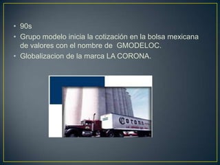 • 90s
• Grupo modelo inicia la cotización en la bolsa mexicana
de valores con el nombre de GMODELOC.
• Globalizacion de la marca LA CORONA.

 