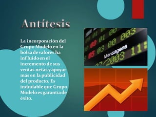 La incorporación del
Grupo Modeloen la
bolsadevalores ha
inf luidoenel
incremento desus
ventas netasyapoyar
másen la publicidad
del producto. Es
indudableque Grupo
Modeloesgarantíade
éxito.
 