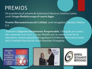 PREMIOS
-
Deacuerdoconel anuariode Industrias Líderesen América Latina
2008. GrupoModeloocupael cuarto lugar.
Premio Iberoamericanode Calidad, 2006 otorgadoa Cebadasy Maltas
S.A
-Distintivo Empresa Socialmente Responsable. Otorgado por cuarto
año consecutivo en 2007 a Grupo Modelo por la conservación de la
naturaleza, máximogalardónotorgadoporel Gobierno Mexicanoa través
de la Comisión Nacional de Áreas Naturales Protegidas.
 
