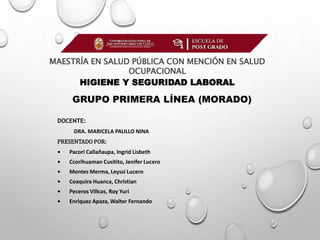 DOCENTE:
DRA. MARICELA PAULLO NINA
PRESENTADO POR:
• Pacori Callañaupa, Ingrid Lisbeth
• Ccorihuaman Cusitito, Jenifer Lucero
• Montes Merma, Leyssi Lucero
• Coaquira Huanca, Christian
• Peceros Villcas, Roy Yuri
• Enriquez Apaza, Walter Fernando
MAESTRÍA EN SALUD PÚBLICA CON MENCIÓN EN SALUD
OCUPACIONAL
HIGIENE Y SEGURIDAD LABORAL
GRUPO PRIMERA LÍNEA (MORADO)
 