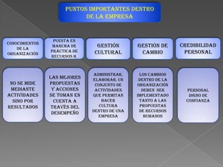 Puntos importantes dentro
de la empresa

Conocimientos
de la
organización

Puesta en
marcha de
práctica de
recursos h.

Gestión
cultural

Gestión de
cambio

Credibilidad
personal

No se mide
mediante
actividades
sino por
resultados

Las mejores
propuestas
y acciones
se toman en
cuenta a
través del
desempeño

Administrar,
elaborar. Un
conjunto de
actividades
que permitan
hacer
cultura
dentro de una
empresa

Los cambios
dentro de la
organización
deben ser
implementado
tanto a las
propuestas
de recursos
humanos

Personal
digno de
confianza

 