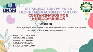 BIOSURFACTANTES EN LA
BIORREMEDIACIÓN DE SUELOS
CONTAMINADOS POR
HIDROCARBUROS
GRUPO #04
- EMILY CUSILAYME ROMERO
- AYRTON SOTO PAREDES
- MARIA CUTIRE VARGAS
- ANYULIA TORRES SOSA
- BRENDA QUIRPER CCAMA
DOCENTE: Dr. HEBERT HERNAN SOTO GONZALES
Jesús Ugaz-Hoyos, Hilda Vega-Cruz, Sebastián Iglesias-Osores, Carmen Carreño-Farfan
 