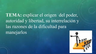 TEMA: explicar el origen del poder,
autoridad y libertad, su interrelación y
las razones de la dificultad para
manejarlos
 