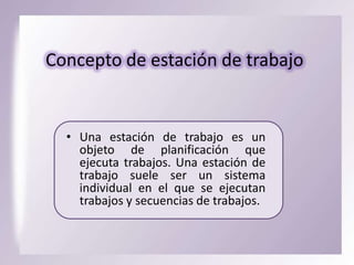 Concepto de estación de trabajo

• Una estación de trabajo es un
objeto de planificación que
ejecuta trabajos. Una estación de
trabajo suele ser un sistema
individual en el que se ejecutan
trabajos y secuencias de trabajos.

 