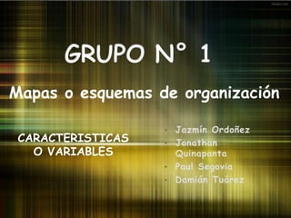 • Jazmín Ordoñez
• Jonathan
Quinapanta
• Paul Segovia
• Damián Tuárez
Mapas o esquemas de organización
CARACTERISTICAS
O VARIABLES
 