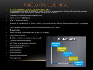 MODELO TIPO SECUENCIAL
• MODELO DE DESARROLLO RAPIDO DE APLICACIONES (RAD)
El modelo de desarrollo rápido de aplicaciones, modelo de la caja de tiempo surgió como Application Development o modelo de
la caja de tiempo surgió como respuesta al modelo formal y al ciclo en espiral.
• Enfatiza un ciclo de desarrollo extremadamente corto.
• Modelo funcional en 60 ó 90 días.
• No es un modelo bien definido.
• …Secuencia de integraciones de un sistema evolutivo o de prototipos que se revisan con el cliente descubrimiento de los requisitos
…
• Cada integración se restringe a un período de tiempo bien definido (caja de tiempo).
• Características:
• …Modelo secuencial: Separación en fases de cada caja de tiempo
• …Integraciones constantes …
• Centrado en el código más que en la documentación
• …Desarrollo basado en componentes …
• Uso efectivo de herramientas y frameworks
• Participación activa del usuario
Modelado de gestión
• Modelado de datos
• Modelado de datos
• Generación de Aplicaciones
• Pruebas y entrega
•
 