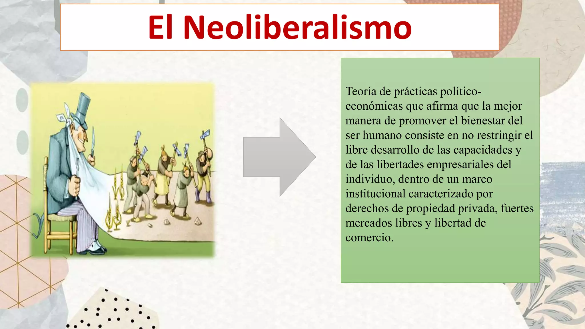 El Neoliberalismo
Teoría de prácticas político-
económicas que afirma que la mejor
manera de promover el bienestar del
ser humano consiste en no restringir el
libre desarrollo de las capacidades y
de las libertades empresariales del
individuo, dentro de un marco
institucional caracterizado por
derechos de propiedad privada, fuertes
mercados libres y libertad de
comercio.
 
