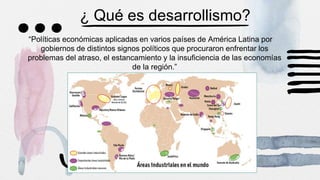 ¿ Qué es desarrollismo?
“Políticas económicas aplicadas en varios países de América Latina por
gobiernos de distintos signos políticos que procuraron enfrentar los
problemas del atraso, el estancamiento y la insuficiencia de las economías
de la región.”
 