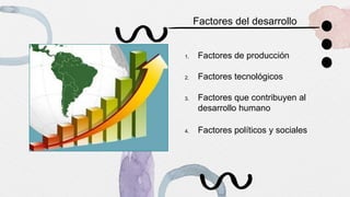 Factores del desarrollo
1. Factores de producción
2. Factores tecnológicos
3. Factores que contribuyen al
desarrollo humano
4. Factores políticos y sociales
 