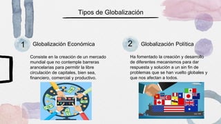 Tipos de Globalización
Globalización Económica
Consiste en la creación de un mercado
mundial que no contemple barreras
arancelarias para permitir la libre
circulación de capitales, bien sea,
financiero, comercial y productivo.
1 2 Globalización Política
Ha fomentado la creación y desarrollo
de diferentes mecanismos para dar
respuesta y solución a un sin fin de
problemas que se han vuelto globales y
que nos afectan a todos.
 