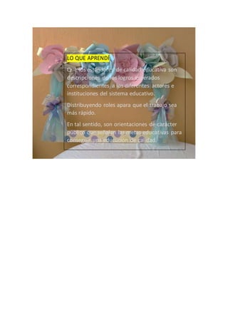 LO QUE APRENDÍ
Que los estándares de calidad educativa son
descripciones de los logros esperados
correspondientes a los diferentes actores e
instituciones del sistema educativo.
Distribuyendo roles apara que el trabajo sea
más rápido.
En tal sentido, son orientaciones de carácter
público que señalan las metas educativas para
conseguir una educación de calidad.
 