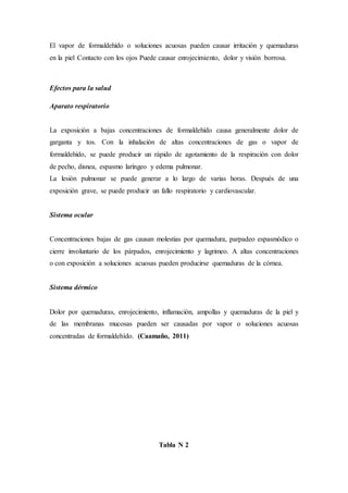 El vapor de formaldehído o soluciones acuosas pueden causar irritación y quemaduras
en la piel Contacto con los ojos Puede causar enrojecimiento, dolor y visión borrosa.
Efectos para la salud
Aparato respiratorio
La exposición a bajas concentraciones de formaldehído causa generalmente dolor de
garganta y tos. Con la inhalación de altas concentraciones de gas o vapor de
formaldehído, se puede producir un rápido de agotamiento de la respiración con dolor
de pecho, disnea, espasmo laríngeo y edema pulmonar.
La lesión pulmonar se puede generar a lo largo de varias horas. Después de una
exposición grave, se puede producir un fallo respiratorio y cardiovascular.
Sistema ocular
Concentraciones bajas de gas causan molestias por quemadura, parpadeo espasmódico o
cierre involuntario de los párpados, enrojecimiento y lagrimeo. A altas concentraciones
o con exposición a soluciones acuosas pueden producirse quemaduras de la córnea.
Sistema dérmico
Dolor por quemaduras, enrojecimiento, inflamación, ampollas y quemaduras de la piel y
de las membranas mucosas pueden ser causadas por vapor o soluciones acuosas
concentradas de formaldehído. (Caamaño, 2011)
Tabla N 2
 
