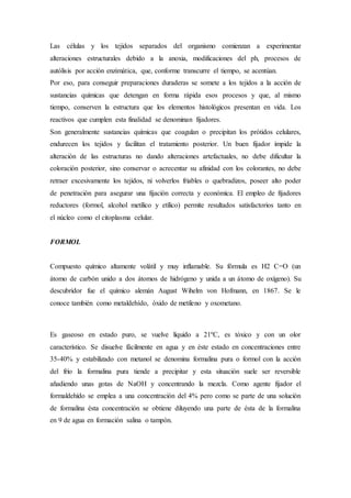 Las células y los tejidos separados del organismo comienzan a experimentar
alteraciones estructurales debido a la anoxia, modificaciones del ph, procesos de
autólisis por acción enzimática, que, conforme transcurre el tiempo, se acentúan.
Por eso, para conseguir preparaciones duraderas se somete a los tejidos a la acción de
sustancias químicas que detengan en forma rápida esos procesos y que, al mismo
tiempo, conserven la estructura que los elementos histológicos presentan en vida. Los
reactivos que cumplen esta finalidad se denominan fijadores.
Son generalmente sustancias químicas que coagulan o precipitan los prótidos celulares,
endurecen los tejidos y facilitan el tratamiento posterior. Un buen fijador impide la
alteración de las estructuras no dando alteraciones artefactuales, no debe dificultar la
coloración posterior, sino conservar o acrecentar su afinidad con los colorantes, no debe
retraer excesivamente los tejidos, ni volverlos friables o quebradizos, poseer alto poder
de penetración para asegurar una fijación correcta y económica. El empleo de fijadores
reductores (formol, alcohol metílico y etílico) permite resultados satisfactorios tanto en
el núcleo como el citoplasma celular.
FORMOL
Compuesto químico altamente volátil y muy inflamable. Su fórmula es H2 C=O (un
átomo de carbón unido a dos átomos de hidrógeno y unida a un átomo de oxígeno). Su
descubridor fue el químico alemán August Wihelm von Hofmann, en 1867. Se le
conoce también como metaldehído, óxido de metileno y oxometano.
Es gaseoso en estado puro, se vuelve líquido a 21ºC, es tóxico y con un olor
característico. Se disuelve fácilmente en agua y en éste estado en concentraciones entre
35-40% y estabilizado con metanol se denomina formalina pura o formol con la acción
del frío la formalina pura tiende a precipitar y esta situación suele ser reversible
añadiendo unas gotas de NaOH y concentrando la mezcla. Como agente fijador el
formaldehído se emplea a una concentración del 4% pero como se parte de una solución
de formalina ésta concentración se obtiene diluyendo una parte de ésta de la formalina
en 9 de agua en formación salina o tampón.
 
