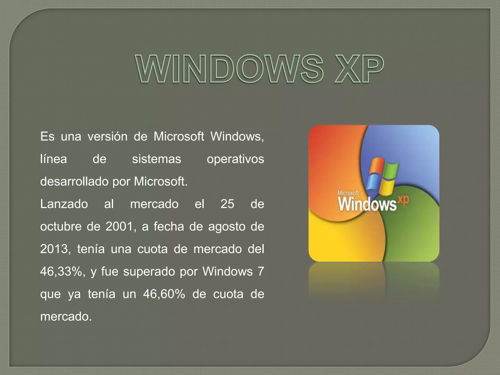 Es una versión de Microsoft Windows,
línea

de

sistemas

operativos

desarrollado por Microsoft.
Lanzado

al

mercado

el

25

de

octubre de 2001, a fecha de agosto de

2013, tenía una cuota de mercado del
46,33%, y fue superado por Windows 7
que ya tenía un 46,60% de cuota de
mercado.

 