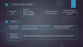 Información sensible o vulnerable8.
Información
sobre:
Los agentes a quien por ley les correspondePueden realizar
la aprehensión
• Domicilio
• Lugar de trabajo
• Centro de acogida
• Centro de estudios
De la víctima o hijos
bajo su cuidado
carácter restringido
con el fin de proteger a
la víctima.
Flagrancia9.
Las personas particulares
Deben disponer al aprehendido a
las órdenes de un agente.
Audiencia de
calificación
correspondiente
Debe ser establecida antes del transcurso de 24 horas después de la aprehensión.
 