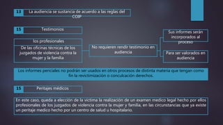 La audiencia se sustancia de acuerdo a las reglas del
COIP
13
.
Testimonios15
.
los profesionales
No requieren rendir testimonio en
audiencia
Sus informes serán
incorporados al
proceso
De las oficinas técnicas de los
juzgados de violencia contra la
mujer y la familia
Para ser valorados en
audiencia
Los informes periciales no podrán ser usados en otros procesos de distinta materia que tengan como
fin la revictimización o conculcación derechos.
Peritajes médicos15
.
En este caso, queda a elección de la victima la realización de un examen medico legal hecho por ellos
profesionales de los juzgados de violencia contra la mujer y familia, en las circunstancias que ya existe
un peritaje medico hecho por un centro de salud u hospitalario.
 