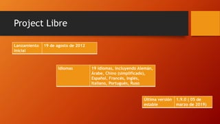 Project Libre
Lanzamiento
inicial
19 de agosto de 2012
Idiomas 19 idiomas, incluyendo Alemán,
Árabe, Chino (simplificado),
Español, Francés, Inglés,
Italiano, Portugués, Ruso
Última versión
estable
1.9.0 ( 05 de
marzo de 2019)
 