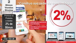 “Construa sua rede de consumidores"2
Bônus
Vendas
Diretas
Promova os
Produtos
e receba
2% de
Bônus
1VQ = R$1,00
17
 