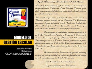 MODELO DE
GESTIÓN ESCOLAR
       Escuela Primaria
           Bolivariana
“CLORINDA AZCUNES”
 