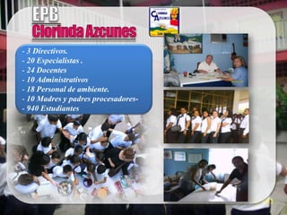 - 3 Directivos.
- 20 Especialistas .
- 24 Docentes
- 10 Administrativos
- 18 Personal de ambiente.
- 10 Madres y padres procesadores-
- 940 Estudiantes
 