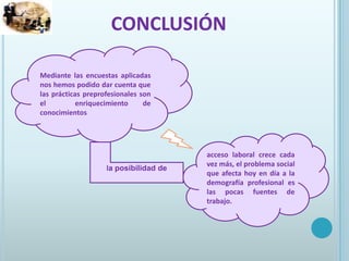 conclusiónMediante las encuestas aplicadas nos hemos podido dar cuenta que las prácticas preprofesionales son el  enriquecimiento de conocimientosacceso laboral crece cada vez más, el problema social que afecta hoy en día a la demografía profesional es las pocas fuentes de trabajo.la posibilidad de