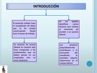 Conocer el índice de acceso laboral y la cantidad de empresas que permiten tener acceso laboral a los estudiantes universitarios.introducciónSe ha podido identificar varios factores que inciden al momento de acceder a un puesto laboralEl presente trabajo hace la recopilación de datos que se ha venido construyendo desde hace 4 meses de trabajoLas prácticas preprofesionales contribuyen a la formación del estudiante, le permiten adquirir experiencia en el campo laboralLa carencia de acceso laboral en nuestro país hace recapacitar a los profesionales que no deben pensar en ser empleados sino en crear empresas