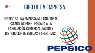 GIRO DE LA EMPRESA
02
PEPSICO ES UNA EMPRESA MULTINACIONAL
ESTADOUNIDENSE DEDICADA A LA
FABRICACIÓN, COMERCIALIZACIÓN Y
DISTRIBUCIÓN DE BEBIDAS Y APERITIVOS.
 