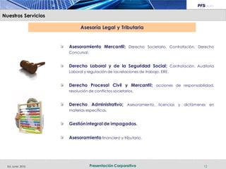 Nuestros Servicios

                           Asesoría Legal y Tributaria


                     Asesoramiento Mercantil; Derecho Societario, Contratación, Derecho
                     Concursal.


                     Derecho Laboral y de la Seguridad Social; Contratación, Auditoria
                     Laboral y regulación de las relaciones de trabajo, ERE.


                     Derecho Procesal Civil y Mercantil; acciones de responsabilidad,
                     resolución de conflictos societarios.


                     Derecho Administrativo; Asesoramiento, licencias y dictámenes en
                     materias específicas.


                     Gestión integral de impagados.


                     Asesoramiento financiero y tributario.




  Ed. Junio 2010                  Presentación Corporativa                        12
 