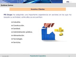 Quiénes Somos

                                       Nuestros Clientes


   PFS Grupo ha adquirido una importante experiencia en sectores en los que ha
   basado su actividad, entre ellos se encuentran:

                  Industria.

                  Construcción.
                  Sanidad.

                  Administración pública.

                  Alimentación.

                  Tecnología.

                  Servicios.




 Ed. Junio 2010                       Presentación Corporativa            16
 