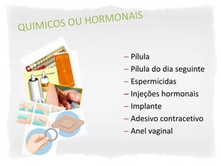 – Pílula
– Pílula do dia seguinte
– Espermicidas
– Injeções hormonais
– Implante
– Adesivo contracetivo
– Anel vaginal
 