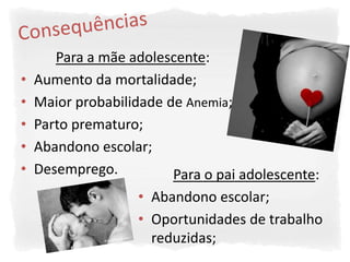 Para a mãe adolescente:
•   Aumento da mortalidade;
•   Maior probabilidade de Anemia;
•   Parto prematuro;
•   Abandono escolar;
•   Desemprego.          Para o pai adolescente:
                    • Abandono escolar;
                    • Oportunidades de trabalho
                      reduzidas;
 