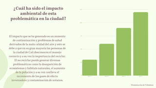 ¿Cuál ha sido el impacto
ambiental de esta
problemática en la ciudad?
El impacto que se ha generado es un aumento
de contaminación y problemas de salud
derivados de la mala calidad del aire y esto se
debe a que en su gran mayoría las personas de
la ciudad de Cali desconocen el manejo
correcto y a su vez la importancia del reciclar.
El no reciclar puede generar diversas
problemáticas como la desaparición de
ecosistemas y hábitats naturales, el aumento
de la polución y a su vez conlleva el
incremento de los gases de efecto
invernadero y contaminación de océanos.
Item 1 Item 2 Item 3 Item 4
125
100
75
50
25
0
Presentación de Tribalstar
 