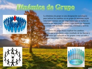 La dinámica de grupo es una designación sociológica
para indicar los cambios en un grupo de personas cuyas
relaciones mutuas son tan importantes que se hallan en
contacto los unos con los otros, y que tienen un elemento
en común, con actitudes colectivas, continuas y activas.
La dinámica de grupo busca explicar los cambios
internos que se producen como resultado de las fuerzas y
condiciones que influyen en los grupos como un todo y
de cómo reaccionan los integrantes.
Pagina 2
 