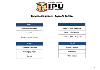 2
Campeonato Ipuense - Segunda Divisão.
Chave A
Internacional / Teixeira
Beira Rio
Guarani / Santos Dumont
Chave B
Cruzeiro / Olho D’águinha
Vasco / Abílio Martins
Corinthians / Olho D’águinha
Chave C
Palmeiras / Recanto
Flamengo / Alegria
São José
Chave D
Grêmio / Santana
Palmeirinha
Mato Grosso
 