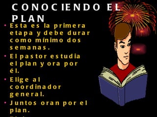 CONOCIENDO EL PLAN Esta es la primera etapa y debe durar como mínimo dos semanas. El pastor estudia el plan y ora por él. Elige al coordinador general. Juntos oran por el plan. Elaboran un calendario para establecer el plan. Deben comprometerse con el plan . 