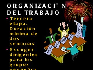 ORGANIZACIÓN DEL TRABAJO Tercera etapa. Duración mínima de dos semanas Escoger dirigentes para los grupos pequeños. Entrenarlos. Dar a conocer el plan a la iglesia. 