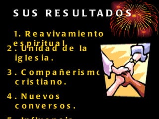 SUS RESULTADOS 2. Unidad de la iglesia. 3. Compañerismo cristiano. 4. Nuevos conversos. 5. Influencia positiva en la vida de los participantes. 1. Reavivamiento espiritual. 