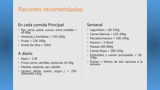 Raciones recomendadas:
En cada comida Principal
 Pan, arroz, pasta, cuscús, otros cereales =
40-80g
 Verduras y hortalizas = 150-200g
 Frutas = 120-200g
 Aceite de oliva = 10ml
A diario
 Agua = 1,5lt
 Frutos secos, semillas, aceitunas 20-40g
 Hierbas, especias, ajo, cebolla
 Lácteos (leche, queso, yogur…) = 250-
500ml/60-120g
Semanal
 Legumbres = 60-150g
 Carnes blancas = 125-300g
 Pescado/marisco = 100-250g
 Huevos = 2-8und
 Patatas 200-600g
 Carnes Rojas = 200-250g
 Embutidos y carnes procesadas = 50-
100g
 Dulces = Menos de dos raciones a la
semana
 