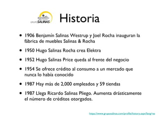 Historia 1906 Benjamín Salinas Westrup y Joel Rocha inauguran la fábrica de muebles Salinas & Rocha 1950 Hugo Salinas Rocha crea Elektra 1952 Hugo Salinas Price queda al frente del negocio 1954 Se ofrece crédito al consumo a un mercado que nunca lo había conocido 1987 Hay más de 2,000 empleados y 59 tiendas 1987 Llega Ricardo Salinas Pliego. Aumenta drásticamente el número de créditos otorgados. https://www.gruposalinas.com/profile/history.aspx?lang=es 