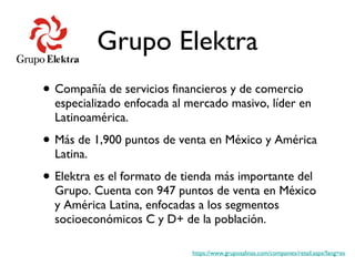 Grupo Elektra Compañía de servicios financieros y de comercio especializado enfocada al mercado masivo, líder en Latinoamérica. Más de 1,900 puntos de venta en México y América Latina. Elektra es el formato de tienda más importante del Grupo. Cuenta con 947 puntos de venta en México y América Latina, enfocadas a los segmentos socioeconómicos C y D+ de la población. https://www.gruposalinas.com/companies/retail.aspx?lang=es 